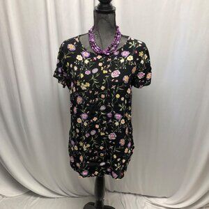 Lauren Conrad Black Floral Short Sleeve Top Womens Size Medium Blouse Romantic